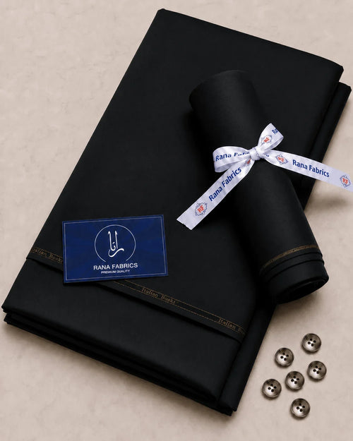 Black Italian Boski suiting fabric roll with Rana Fabrics ribbon, buttons, and premium quality tag for formal wear