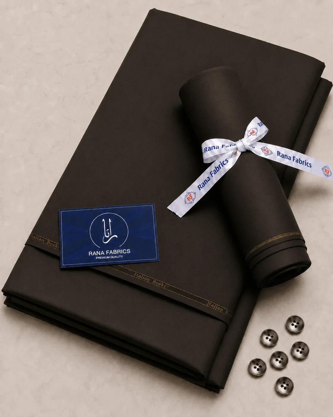 Premium Italian Boski men's suiting fabric, unstitched, with buttons and branded ribbon for formal wear