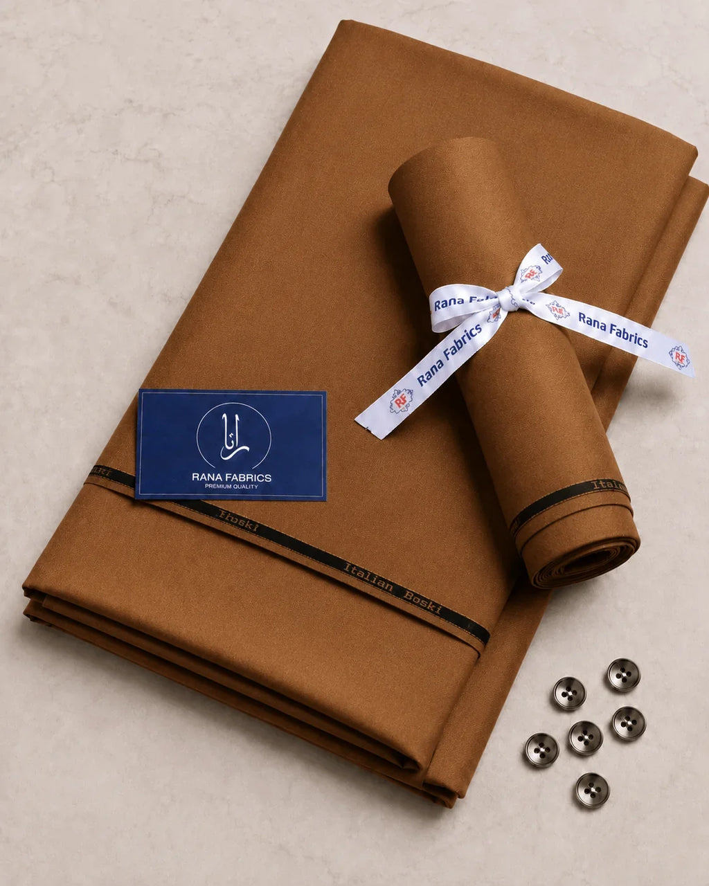 Premium Italian Boski men's suiting fabric in rich brown, ideal for formal & festive wear, with buttons and branded ribbon.
