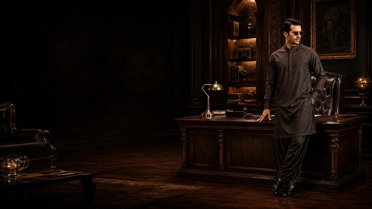 Man in black shalwar kameez standing by luxury desk, formal men's wear for business or festive occasions