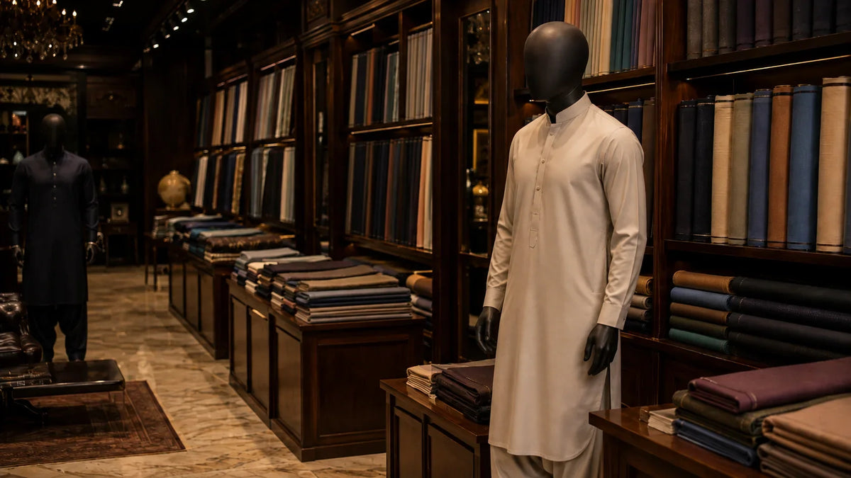 Mannequin in cream shalwar kameez displayed amid premium men's suiting fabrics in a luxury boutique