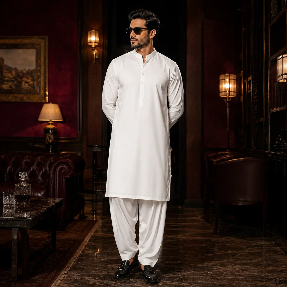 Man in white formal shalwar kameez for festive or business wear, styled with black loafers in luxury setting