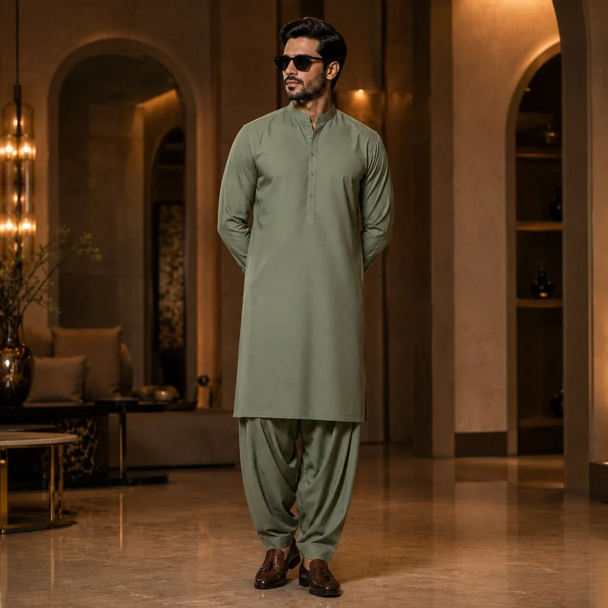 Men's olive green shalwar kameez in premium cotton, perfect for formal and festive occasions.