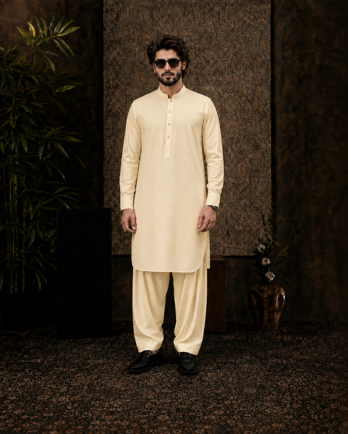 Cream Cotton Unstitched Suit
