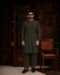 Men's olive green unstitched suiting fabric set for formal and festive wear, featuring a kurta and shalwar