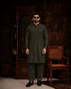 Men's olive green unstitched suiting fabric set for formal and festive wear, featuring a kurta and shalwar