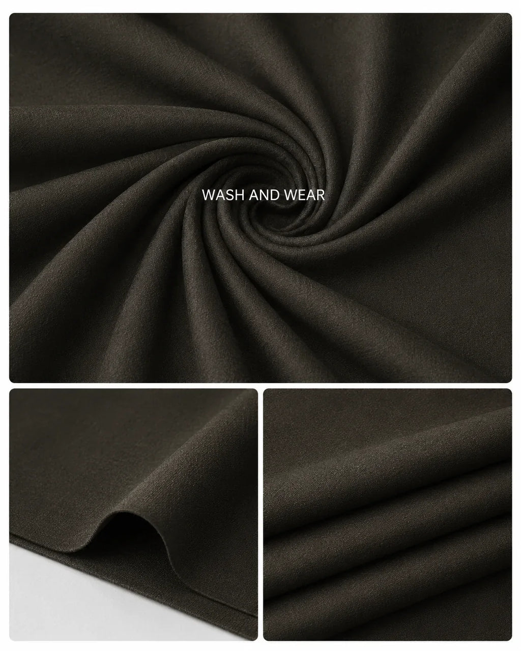 Dark olive Wash and Wear suiting fabric with smooth texture, ideal for formal and business wear.