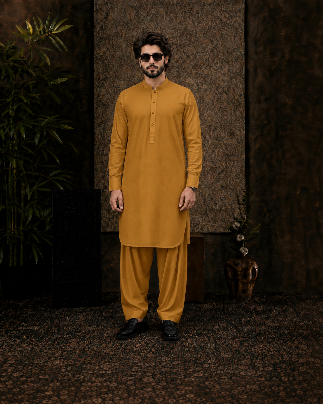 Mustard Gold Cotton Unstitched Suit