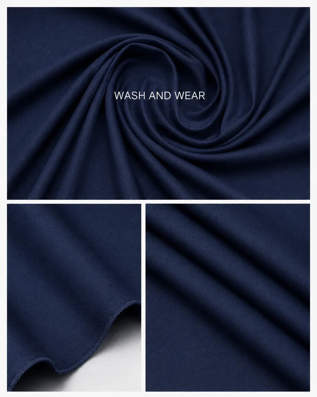 Navy blue wash and wear men's suiting fabric with smooth texture and elegant drape
