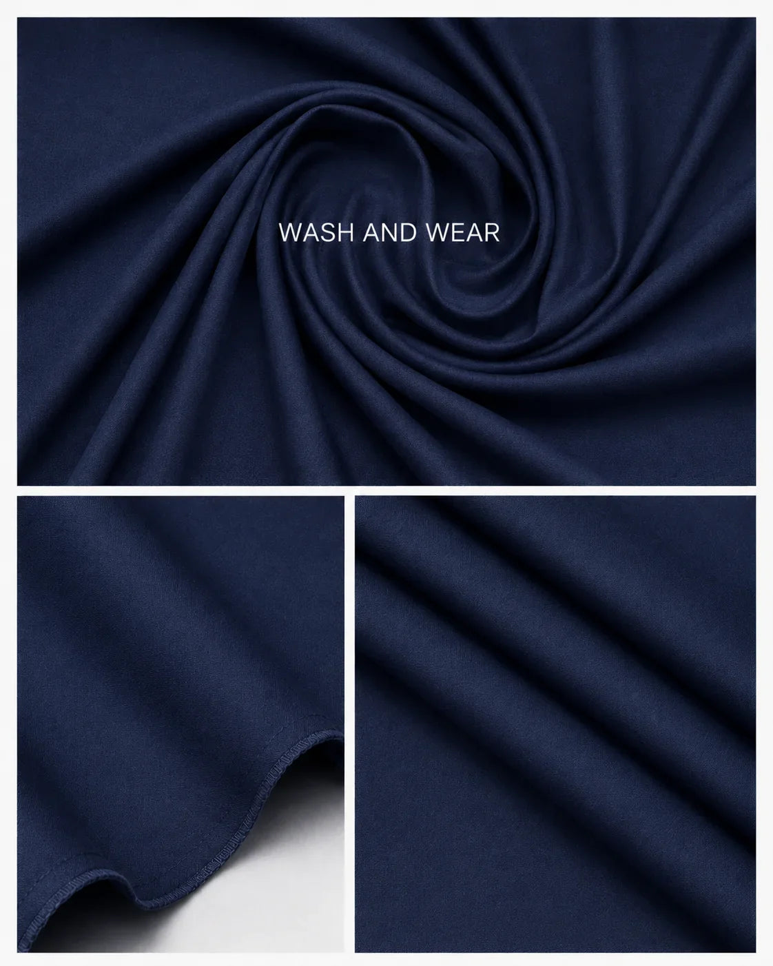 Navy blue wash and wear men's suiting fabric with smooth texture and elegant drape