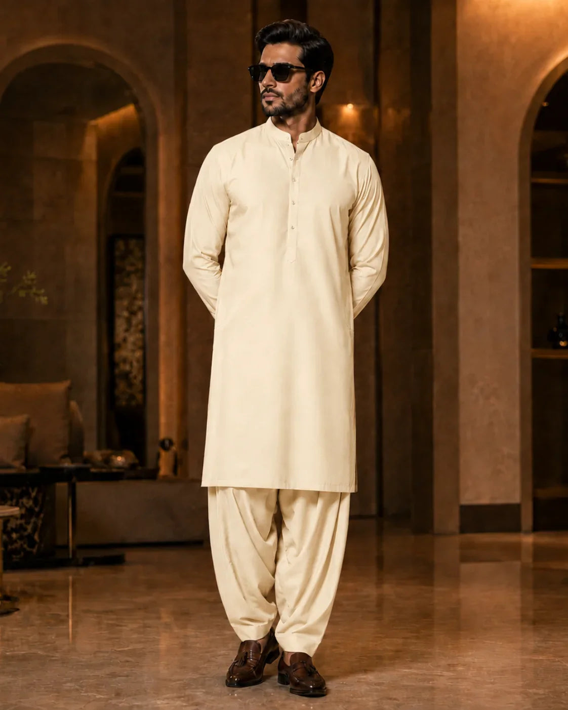 Cream Cotton Unstitched Suit
