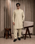 Beige men's shalwar kameez in premium suiting fabric, ideal for formal and festive occasions