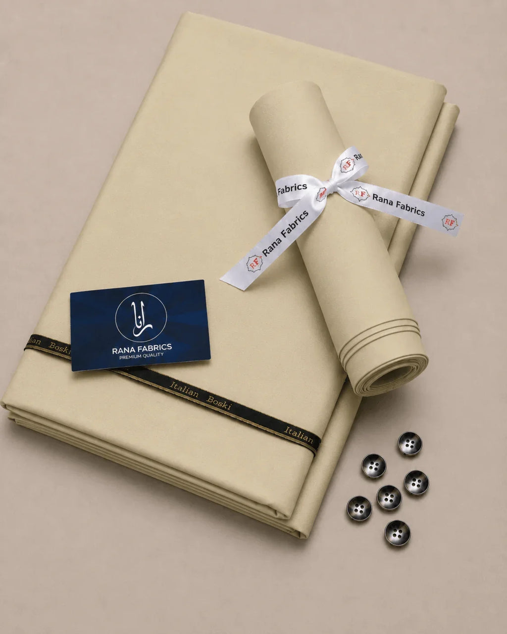 Cream Italian Boski suiting fabric bundle with Rana Fabrics ribbon and buttons, premium quality men's unstitched material