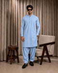 Light blue men's shalwar kameez in premium suiting fabric, ideal for formal and festive occasions