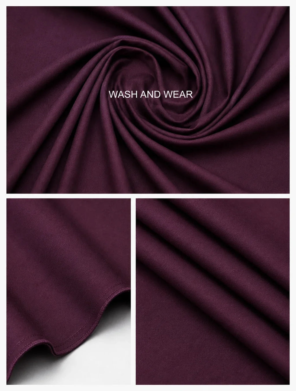 Deep purple wash and wear men's suiting fabric with smooth texture and neat stitching details