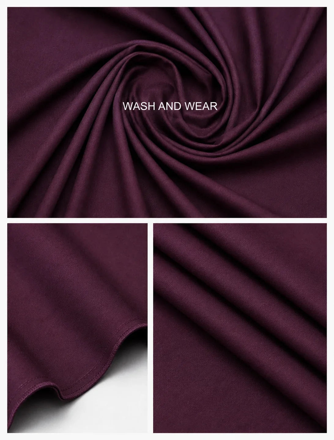 Deep purple wash and wear men's suiting fabric with smooth texture and neat stitching details