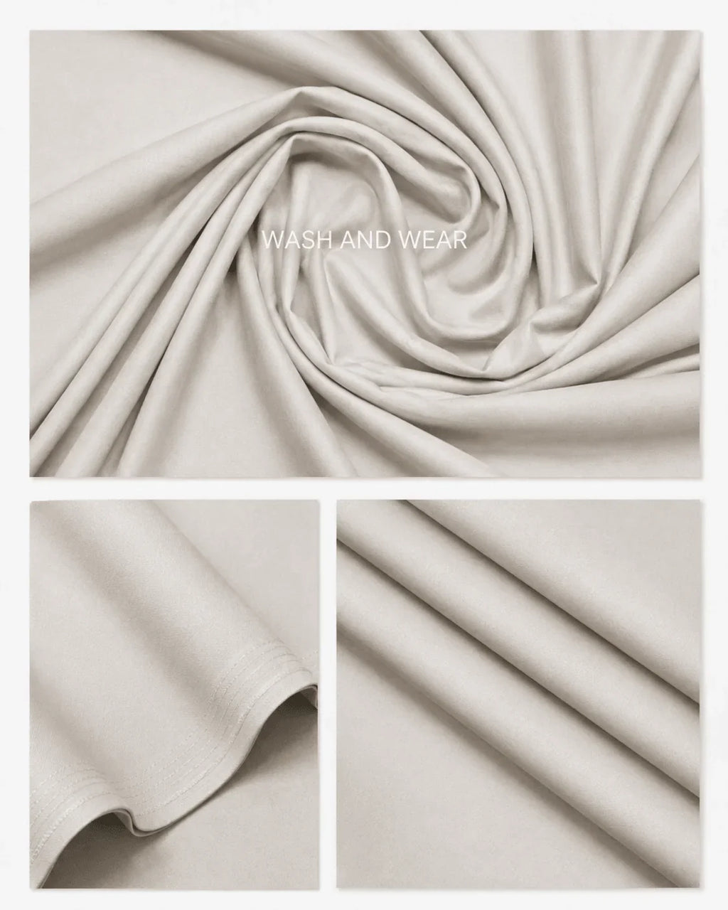 Cream wash and wear suiting fabric with smooth texture and neat stitching for men's formal wear